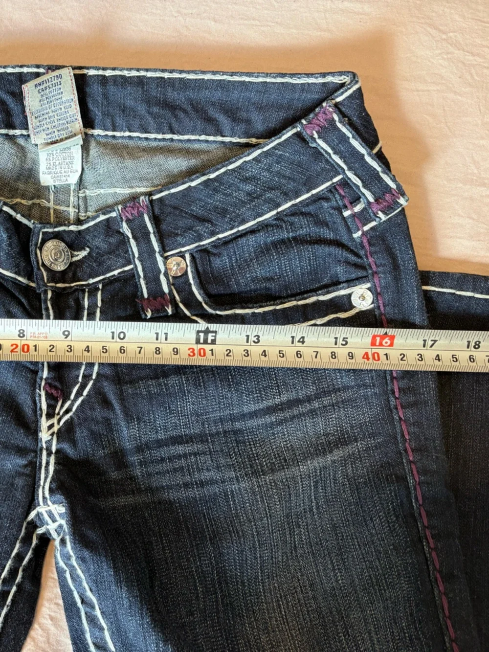 True Religion Dark Blue Skinny Jeans with White Stitching and Purple Patch - Picture 8 of 12